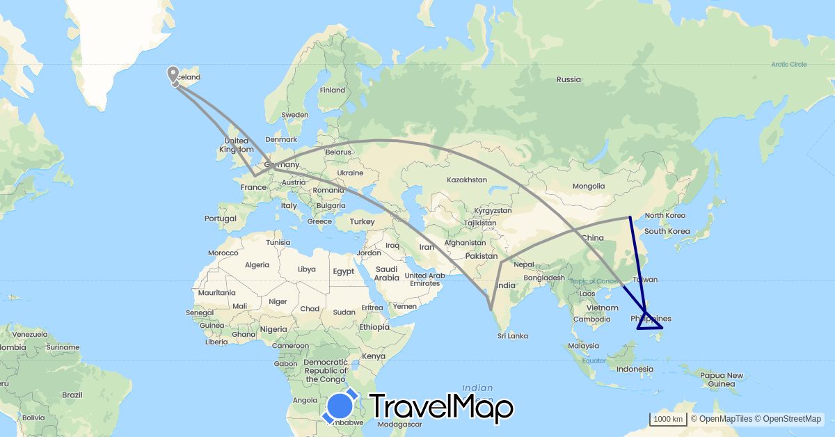 TravelMap itinerary: driving, plane in China, Germany, France, India, Iceland, Philippines (Asia, Europe)